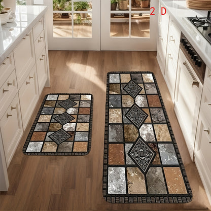 Kitchen Mat Set 3 Piece Farmhouse Geometric Anti-Fatigue Cushioned Rug for Kitchen Floor, Soft Non-Slip Mats for Bedroom, Living Room, Dining Room & Bathroom – Retro Rural Style Home Decor