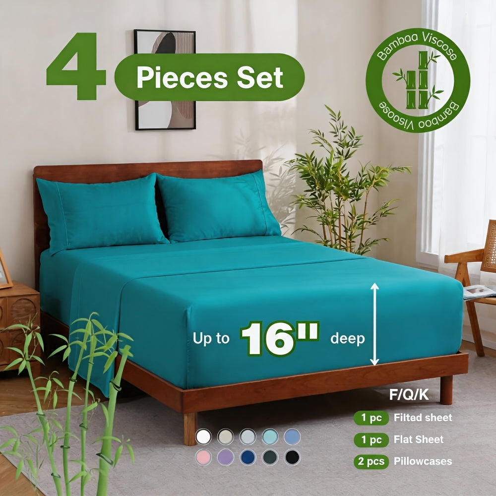 Bamboo Bed Sheet Set 4 Piece - 2000TC Cooling Sheets Deep Pocket 16 Inch, Luxury Soft Hotel Quality Fitted Sheet Flat Sheet Pillowcases, Wrinkle Shrink Resistant, Twin Full Queen King