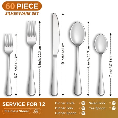 Black Silverware Set 60 Piece Stainless Steel Flatware Set Service for 12 Mirror Polished Cutlery Set Dishwasher Safe Tableware Utensils Knives Forks Spoons for Home Kitchen Restaurant Wedding