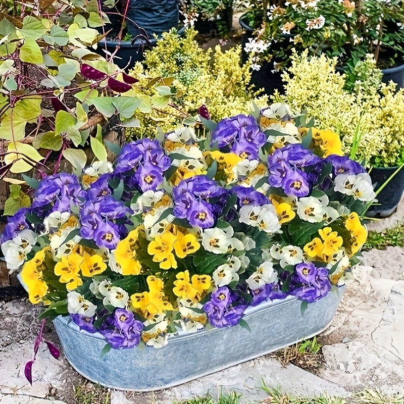 Artificial Pansy Flowers 6 Bunches Realistic Plastic Blooms for Indoor Outdoor Home Garden Decor, Weather-Resistant Faux Flowers Yellow Purple White Colorful Display, Low Maintenance Floral Arrangement