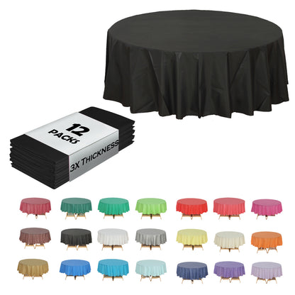 Disposable Plastic Tablecloth 12-Pack – Heavy Duty Table Cover for Parties, 84" Round & 54"x108" Rectangle, 22 Colors for Kitchen Dining Outdoor Events