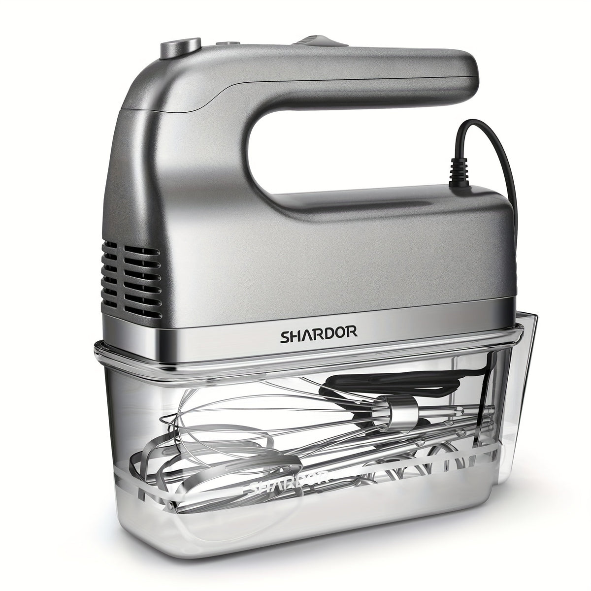 Electric Hand Mixer with Storage Case, 5-Speed Plus Turbo Handheld Mixer, 5 Stainless Steel Attachments – 2 Beaters, 2 Dough Hooks & 1 Whisk, 250W Power, Blue, Black, White & Silver
