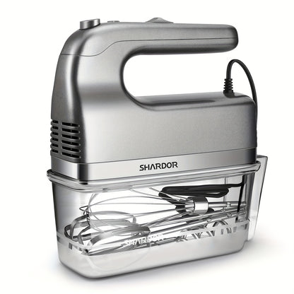 Electric Hand Mixer with Storage Case, 5-Speed Plus Turbo Handheld Mixer, 5 Stainless Steel Attachments – 2 Beaters, 2 Dough Hooks & 1 Whisk, 250W Power, Blue, Black, White & Silver