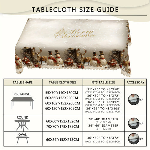 Christmas Tablecloth Vintage Snowman Reindeer & Christmas Tree Red, Durable Polyester Holiday Table Cover for Rectangular Round Oval Tables, Festive Xmas Party Home Restaurant Decoration