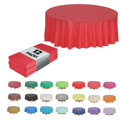 Disposable Plastic Tablecloth 12-Pack – Heavy Duty Table Cover for Parties, 84" Round & 54"x108" Rectangle, 22 Colors for Kitchen Dining Outdoor Events