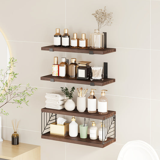 Floating Wall Shelves Over Toilet 3+1 Tier, Farmhouse Rustic Wood Bathroom Shelf Organizer 16x6 Inch, Wall Mounted Storage Rack for Bathroom Living Room Bedroom, Dark Brown & Light Brown