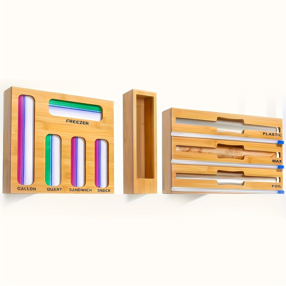 Bamboo Kitchen Drawer Organizer 7-in-1 & 9-in-1 – Plastic Wrap, Foil & Storage Bag Holder with Cutter, Compatible with Gallon, Quart, Sandwich & Snack Size Bags, Kitchen Drawer Storage