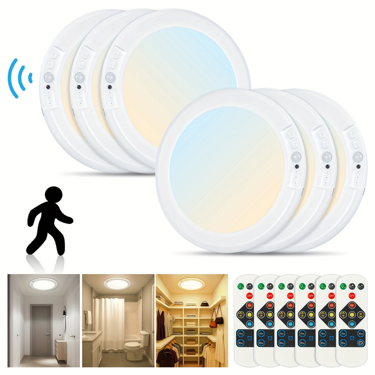 Rechargeable LED Ceiling Light with Motion Sensor & Remote Control – Battery Operated, 3 Color Temps (3000K/4500K/6500K), 10 Brightness Levels, Dimmable Closet Light for Bathroom, Hallway, Pantry & Porch – White, Black & Gold