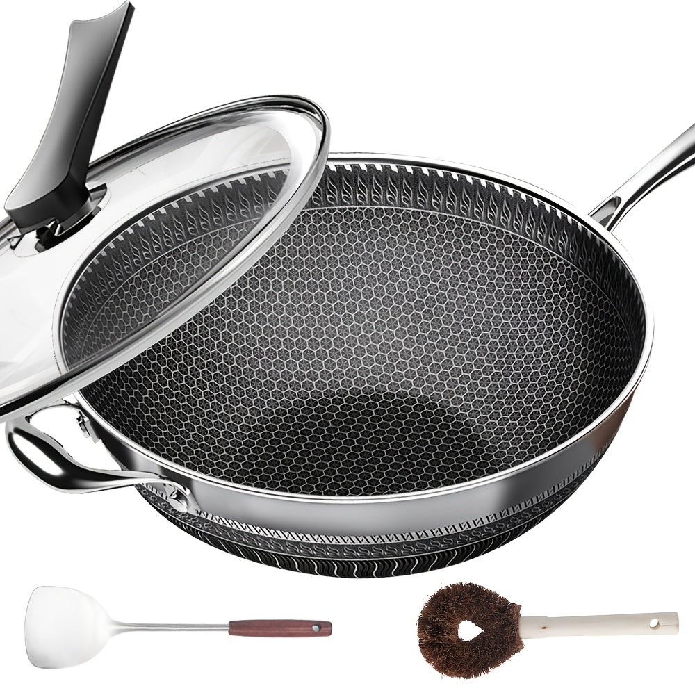 Non-Stick Wok with Lid 13.3 Inch Stainless Steel Honeycomb Coating, Stir Fry Pan with 2 Cookware Accessories, Works on Gas Induction Electric Ceramic Stovetop, Home Kitchen Cooking Pan
