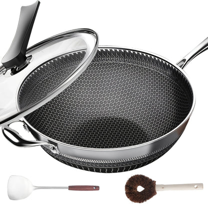 Non-Stick Wok with Lid 13.3 Inch Stainless Steel Honeycomb Coating, Stir Fry Pan with 2 Cookware Accessories, Works on Gas Induction Electric Ceramic Stovetop, Home Kitchen Cooking Pan