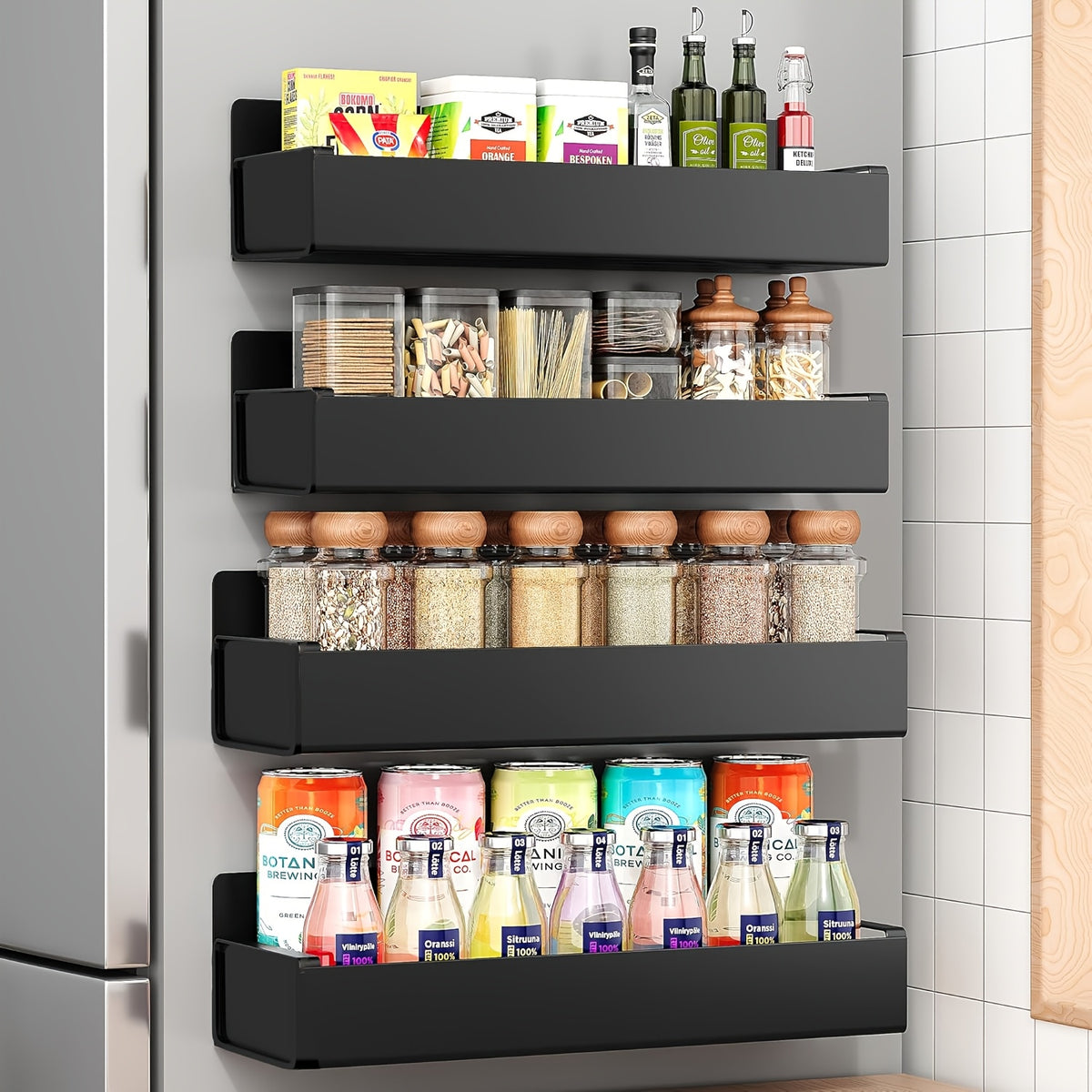 Magnetic Fridge Organizer Shelf Set - Movable Metal Refrigerator Storage Rack, Multi-Purpose Magnetic Spice Shelf for Kitchen & Bathroom, Space-Saving Side Wall Organizer, Black White 2pcs 4pcs