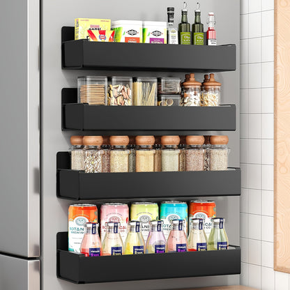 Magnetic Fridge Organizer Shelf Set - Movable Metal Refrigerator Storage Rack, Multi-Purpose Magnetic Spice Shelf for Kitchen & Bathroom, Space-Saving Side Wall Organizer, Black White 2pcs 4pcs