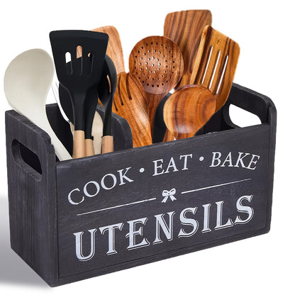 Rustic Wooden Kitchen Utensil Holder 3-Compartment Countertop or Wall Mount Organizer - Wood Utensil Caddy for Cooking Dining Baking Tools Spatulas Spoons Knives Black White