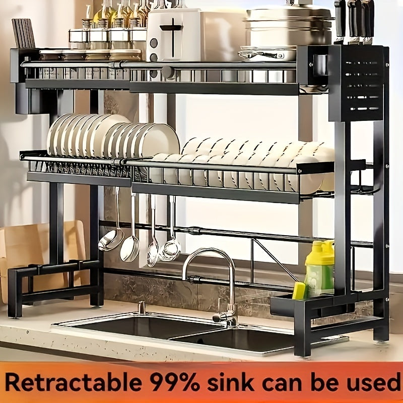 Over Sink Dish Drying Rack 2 Tier Expandable - 304 Stainless Steel Kitchen Dish Rack with Drainage Tray Utensil Holder Knife Holder Cutting Board Holder, Adjustable 30-34 Inch Black
