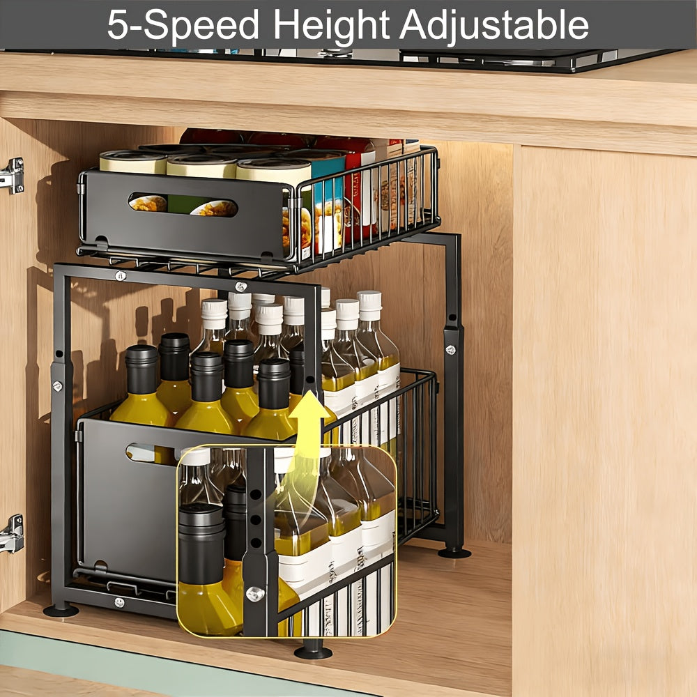 Under Sink Organizer 2-Tier Pull Out Cabinet Shelf with Adjustable Height, Sturdy Carbon Steel Under Sink Storage Rack for Kitchen Bathroom Pantry Cabinet Organization, Space Saving Sliding Drawer