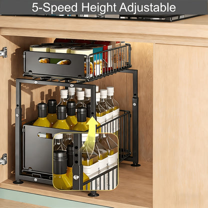 Under Sink Organizer 2-Tier Pull Out Cabinet Shelf with Adjustable Height, Sturdy Carbon Steel Under Sink Storage Rack for Kitchen Bathroom Pantry Cabinet Organization, Space Saving Sliding Drawer