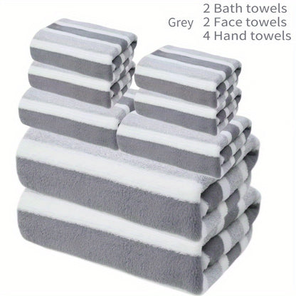 Bath Towel Set 8pcs Hotel Quality – Lint-Free Super Absorbent Soft Striped Towels, 2 Bath Towels + 2 Hand Towels + 4 Washcloths, Five-Star Hotel Standard Bathroom Towel Set, 9 Colors Available