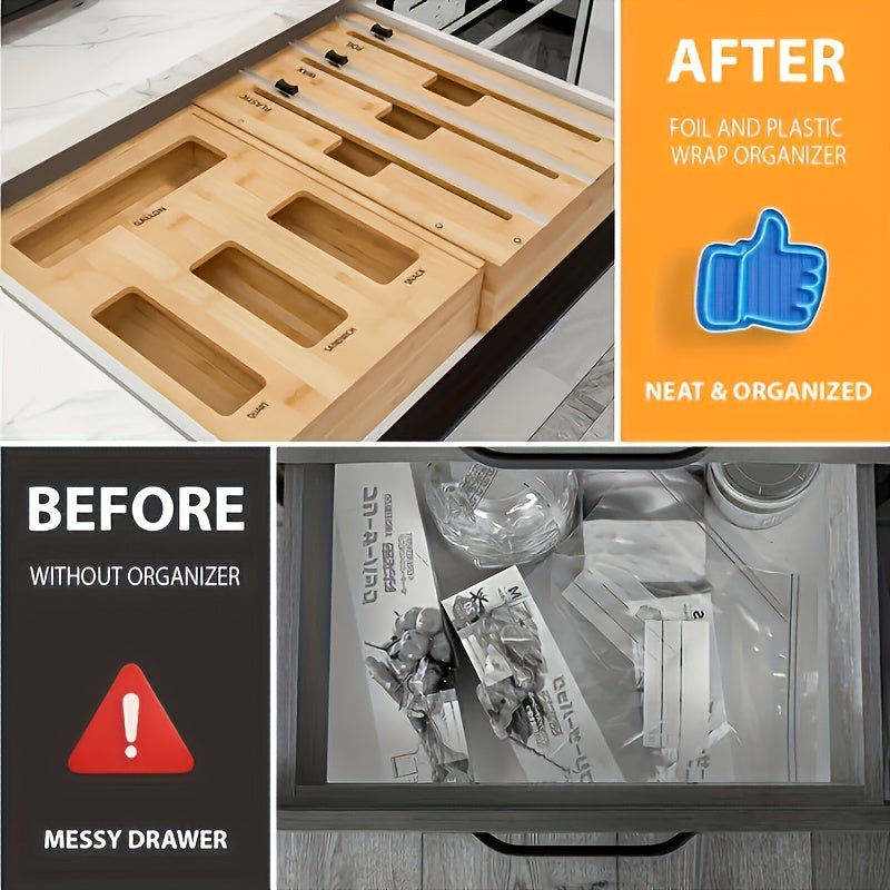 Bamboo Kitchen Drawer Organizer 7-in-1 & 9-in-1 – Plastic Wrap, Foil & Storage Bag Holder with Cutter, Compatible with Gallon, Quart, Sandwich & Snack Size Bags, Kitchen Drawer Storage