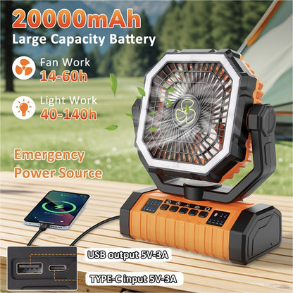 20000mAh Camping Fan with Built-In LED Light – USB Rechargeable Portable Outdoor Cooling Fan, Rugged Sturdy Handle for Tent Hiking Fishing, Compact Design, Green & Orange