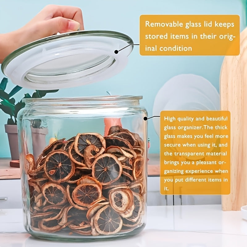 Glass Pantry Jars with Clamshell Lid Set of 2 - Airtight Food Storage Containers for Kitchen Countertop, Includes Spoons, Label Pen & Stickers, Reusable Round Glass Jars for Coffee, Pasta, Candy