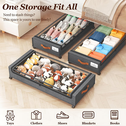 Under Bed Storage Bins with Wheels 2 Pack, Rolling Underbed Storage Box with Metal Drawer, Bed Storage Organizer for Clothes Blankets Shoes Books Bedding, Under Bed Storage Containers with Lid
