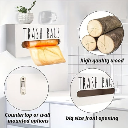 Wood Garbage Bag Dispenser One-Touch Operation Storage Box for Kitchen Bathroom Living Room – Countertop Trash Bag Organizer Holder, No Manual Refills, Modern Wood Design, 2 Colors Available