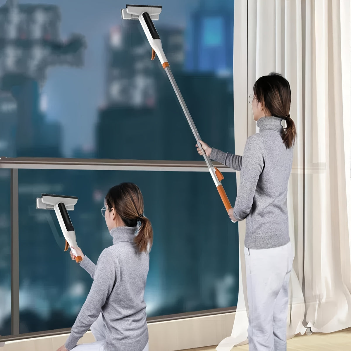 3-in-1 Glass Cleaning Kit with Durable Metal Pole & Scraper - Reach High Windows, Shower Doors & Car Windshields Easily, Essential Home Window Cleaning Tool