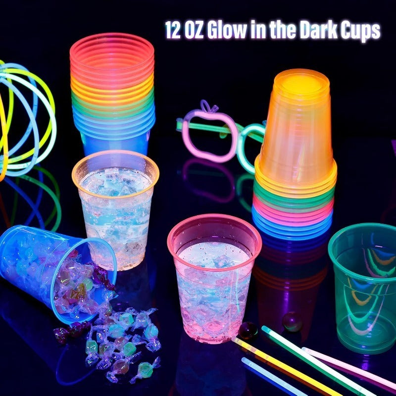 Neon Glow Party Cups 100 Pack Disposable Plastic Cups Glow in the Dark 12oz 16oz for Neon Party Blacklight Halloween Christmas Carnival Rave Birthday