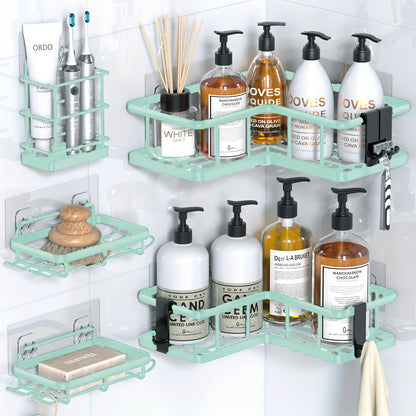 Corner Shower Caddy 5 Pack with Soap Holder & 4 Removable Hooks – No Drilling Suction Cup Shower Shelf, Rustproof Stainless Steel Bathroom Organizer for Inside Shower | 8 Colors