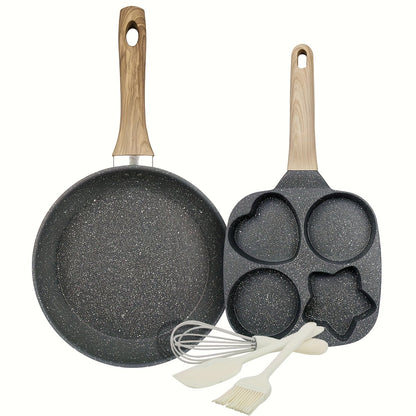 Non-Stick Breakfast Skillet Set – 4-Hole Egg Pan & 5-Piece Cookware Set with Heat-Resistant Wooden Handle for Eggs, Burgers & Omelettes, Easy Clean, Perfect for Home Kitchen Cooking