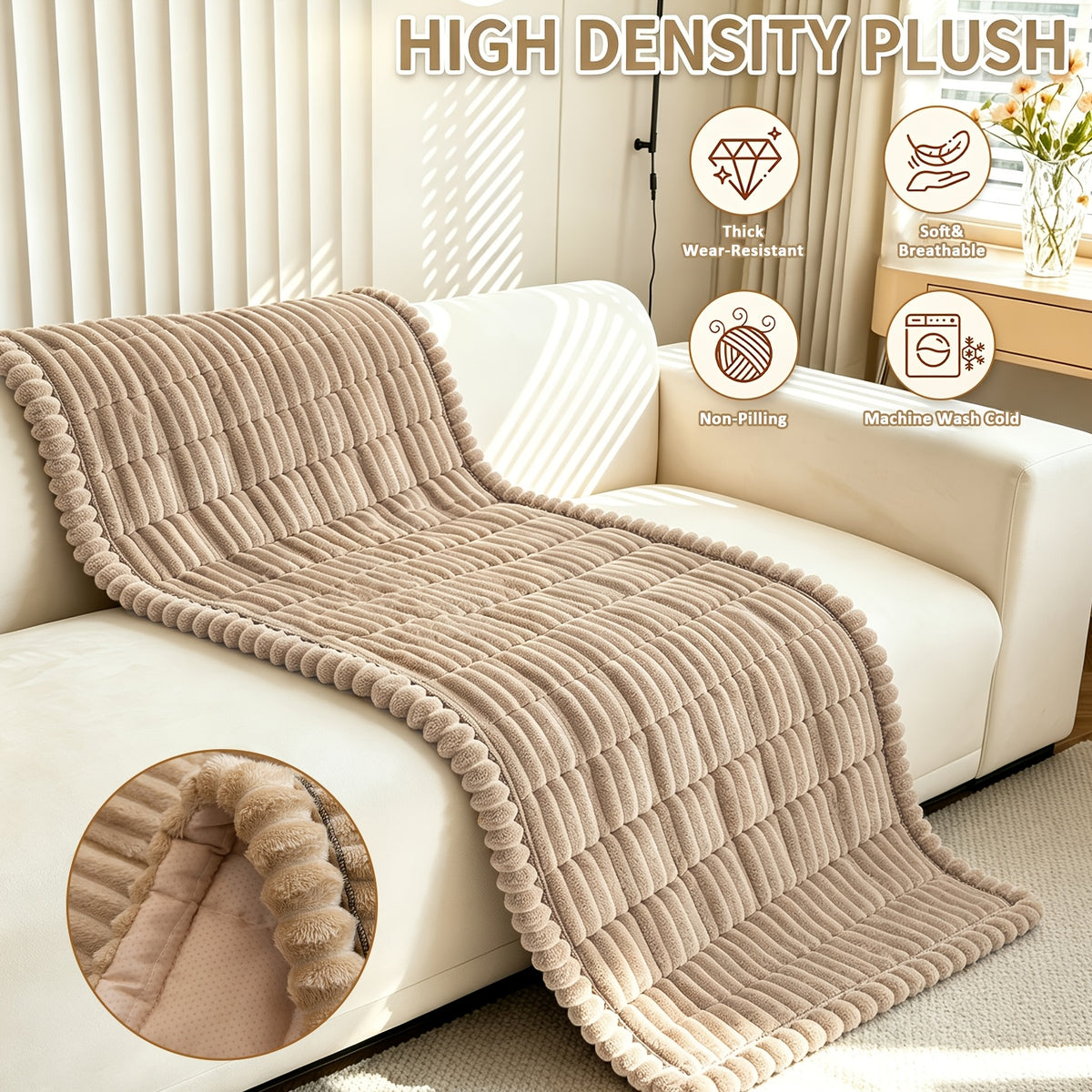 Sofa Cover Plush Velvet - Washable Stretch Couch Cover with Wavy Edge, Soft Shu Velveteen Sofa Protector for 1 2 3 4 Seater, Easy Install Furniture Cover in White Khaki Gray