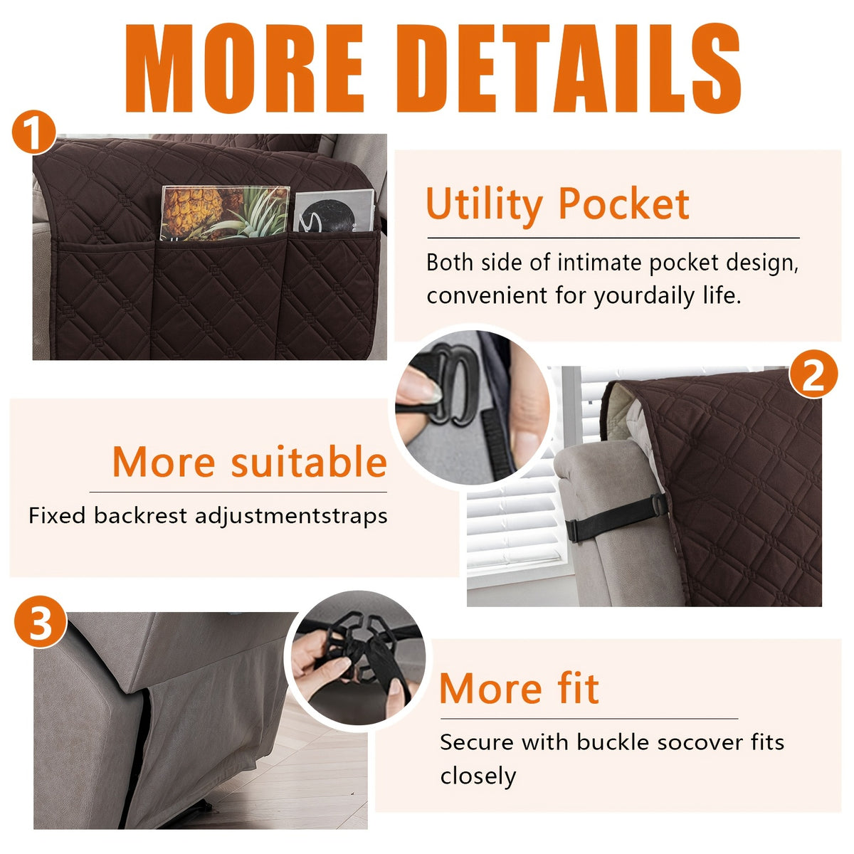 Waterproof Recliner Cover with Side Pockets – Non-Slip Quilted Recliner Slipcover, Scratch-Resistant & Machine Washable, Pet & Kid Friendly Furniture Protector
