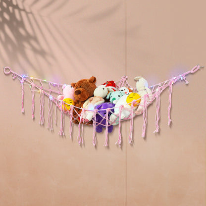 Stuffed Animal Hammock with LED Lights Corner Toy Net Organizer for Kids Bedroom Nursery Plush Toy Storage Hanging Mesh Bag