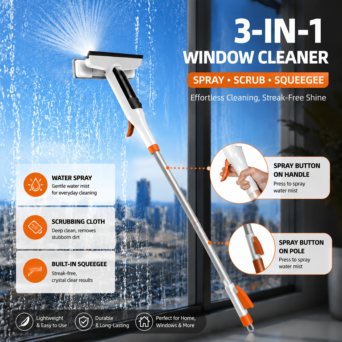 3-in-1 Glass Cleaning Kit with Durable Metal Pole & Scraper - Reach High Windows, Shower Doors & Car Windshields Easily, Essential Home Window Cleaning Tool