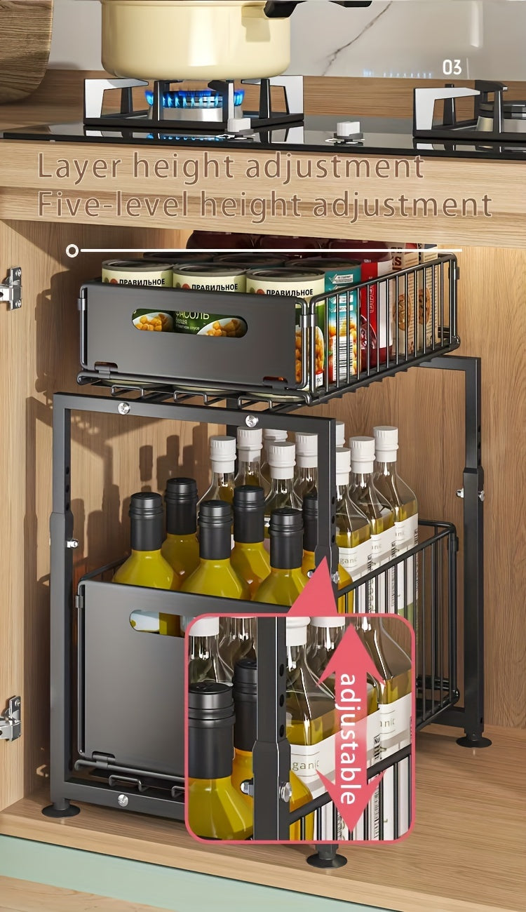 Under Sink Organizer 2-Tier Pull Out Cabinet Shelf with Adjustable Height, Sturdy Carbon Steel Under Sink Storage Rack for Kitchen Bathroom Pantry Cabinet Organization, Space Saving Sliding Drawer