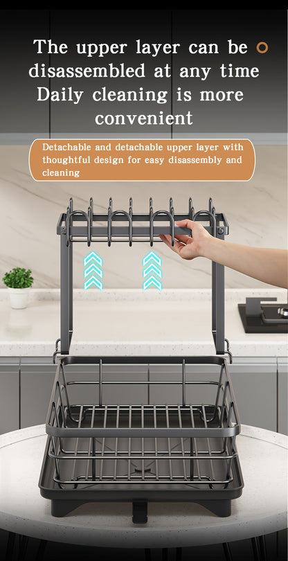 2-Tier Dish Drying Rack Metal with Cutlery Holder, Cup Holder & Rust-Proof Drip Tray – Space Saving Countertop Dish Rack for Kitchen Organization, Black & Dark Gray