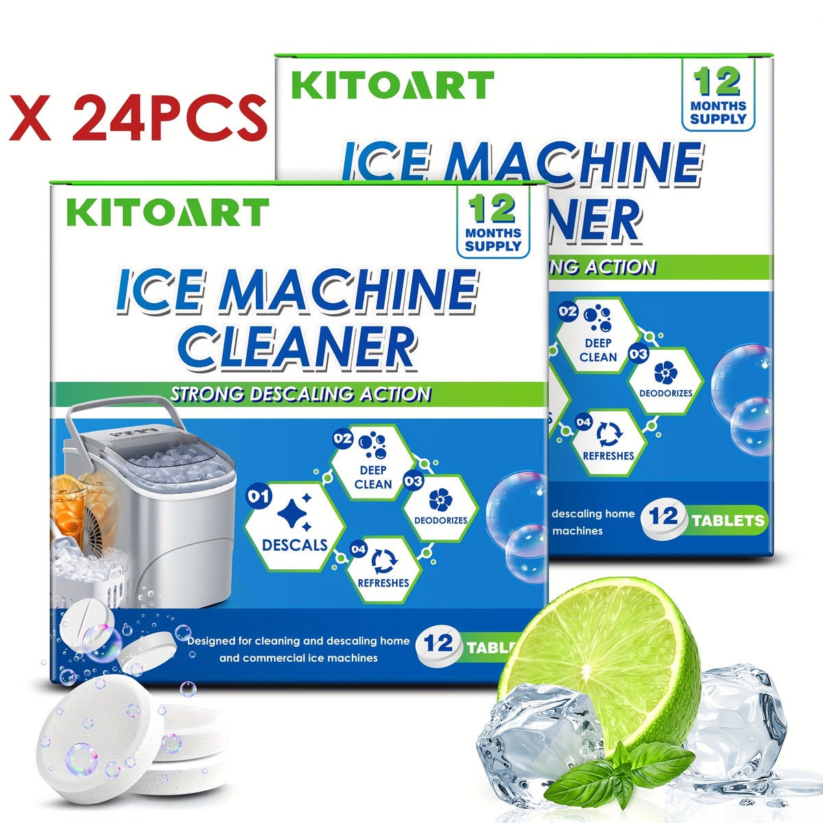 Ice Maker Cleaning Tablets 12/24/36 Pack – Deep Cleaning Descaler & Deodorizer, Food-Grade Citric Acid, Nickel-Safe, No Residue, Compatible with All Countertop & Portable Ice Machines