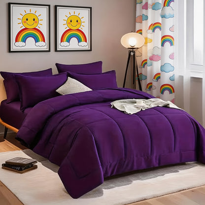 Comforter Sets Queen King Full 7 Piece Bed in a Bag – Soft Satin-Like Fabric, Breathable Quilt Set with Fitted Sheet, Flat Sheet & 4 Pillowcases, Multiple Colors for Bedroom Hotel School