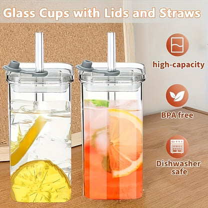 Borosilicate Glass Cups with Lid and Straw 4/6 Pack – Square Korean Style Drinking Glasses, BPA Free Leak Proof Transparent Tumblers for Coffee Juice Water, Multipurpose Kitchen Glassware Gift Set