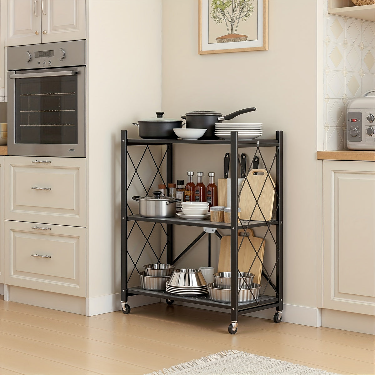 Portable Storage Rack with Lockable Wheels, 3 or 4 Tier Foldable Shelving Unit, Carbon Steel Floor Standing Shelf for Bedroom Bathroom Balcony Garden, No Assembly Required, Space Saving Rolling Organizer