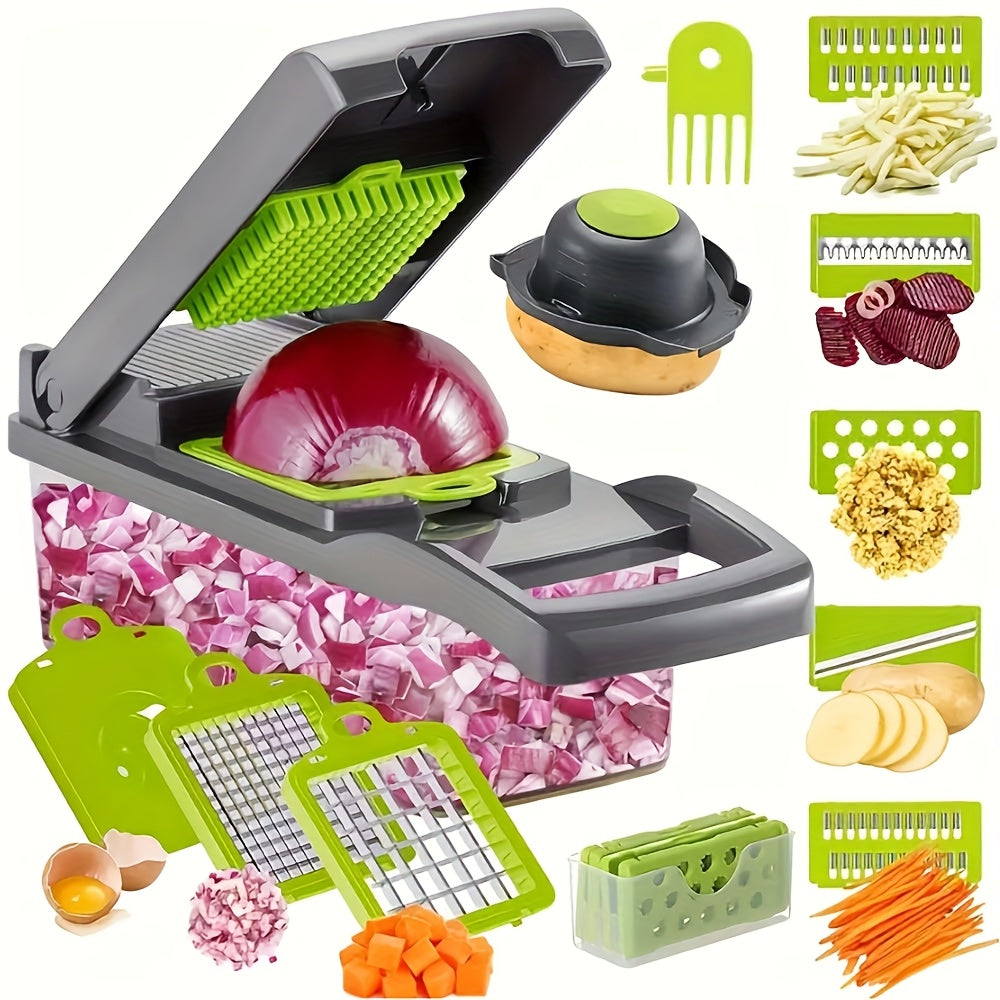 Vegetable Chopper 16-in-1 Manual Food Chopper Set with 8 Stainless Steel Blades, 304 BPA-Free Container, Peeler & Filter – Onion Dicer, Garlic Mincer, Carrot Slicer, Kitchen Meal Prep Tool