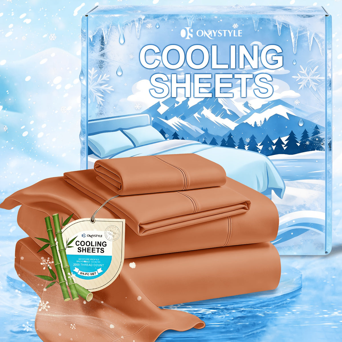 Ice-Cooling Bamboo Sheets Set Deep Pocket - Ultra Soft Breathable Skin-Friendly Fitted Sheet Flat Sheet & Pillowcases, Wrinkle-Free, All Season, Kids & Hot Sleepers, Twin Full Queen King