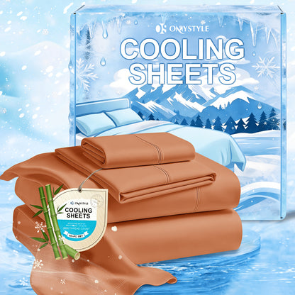 Ice-Cooling Bamboo Sheets Set Deep Pocket - Ultra Soft Breathable Skin-Friendly Fitted Sheet Flat Sheet & Pillowcases, Wrinkle-Free, All Season, Kids & Hot Sleepers, Twin Full Queen King