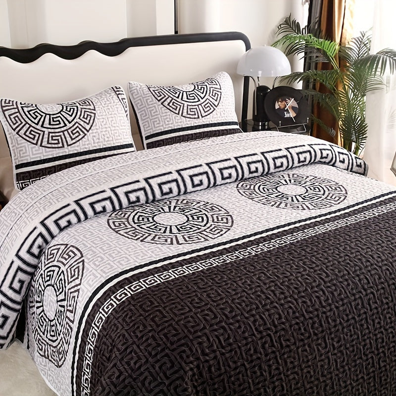 Fleece Bed Cover Set 3 Piece Traditional Style All-Season Quilted Comforter – Machine Washable Active Print Polyester Fill Durable Cover Full Queen King Reddish Brown Warm Bedding
