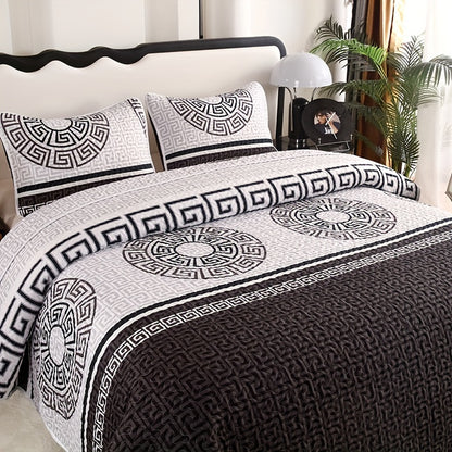 Fleece Bed Cover Set 3 Piece Traditional Style All-Season Quilted Comforter – Machine Washable Active Print Polyester Fill Durable Cover Full Queen King Reddish Brown Warm Bedding