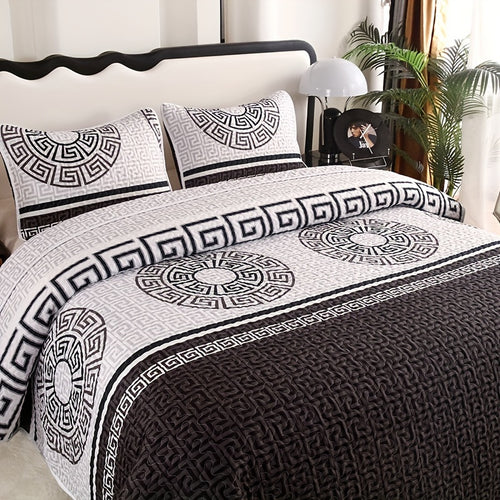 Fleece Bed Cover Set 3 Piece Traditional Style All-Season Quilted Comforter – Machine Washable Active Print Polyester Fill Durable Cover Full Queen King Reddish Brown Warm Bedding