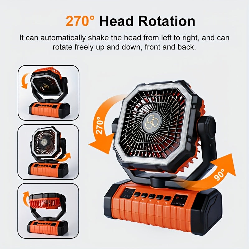 20000mAh Camping Fan with Built-In LED Light – USB Rechargeable Portable Outdoor Cooling Fan, Rugged Sturdy Handle for Tent Hiking Fishing, Compact Design, Green & Orange
