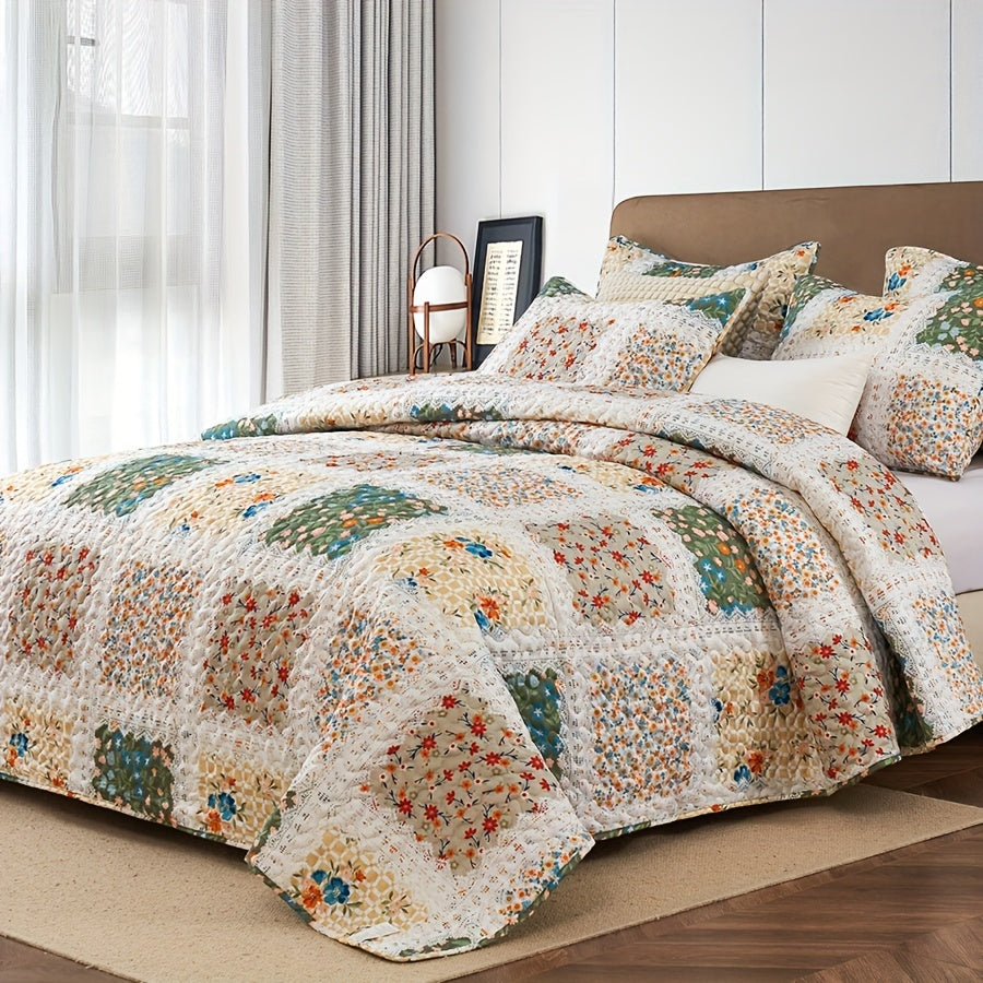 Floral Quilt Set 2 3 Piece Twin Full Queen King Lightweight Patchwork Coverlet Bedding Set Soft Cozy Boho Comforter with Pillow Shams Green Blue Pink Plaid Spring Summer Year Round