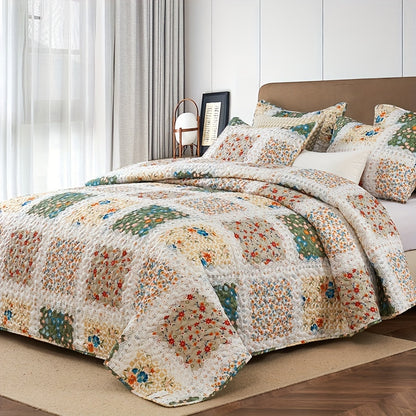 Floral Quilt Set 2 3 Piece Twin Full Queen King Lightweight Patchwork Coverlet Bedding Set Soft Cozy Boho Comforter with Pillow Shams Green Blue Pink Plaid Spring Summer Year Round