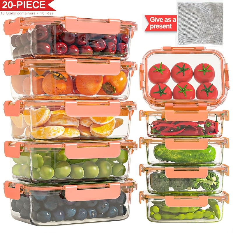 Glass Food Storage Containers 20-Piece Set 10 Containers + 10 Airtight Lids Stackable Meal Prep Containers, Oven Microwave Refrigerator & Dishwasher Safe – Space-Saving Kitchen Organization